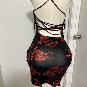 Red Dragon Print Backless Mini Dress